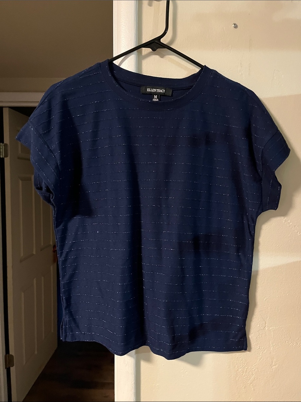 Ellen Tracy Navy Tee with Metallic Stripe Detail